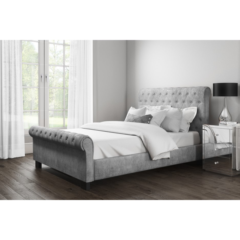 GRADE A1 Safina Roll Top Double Sleigh Bed Frame in Grey Velour