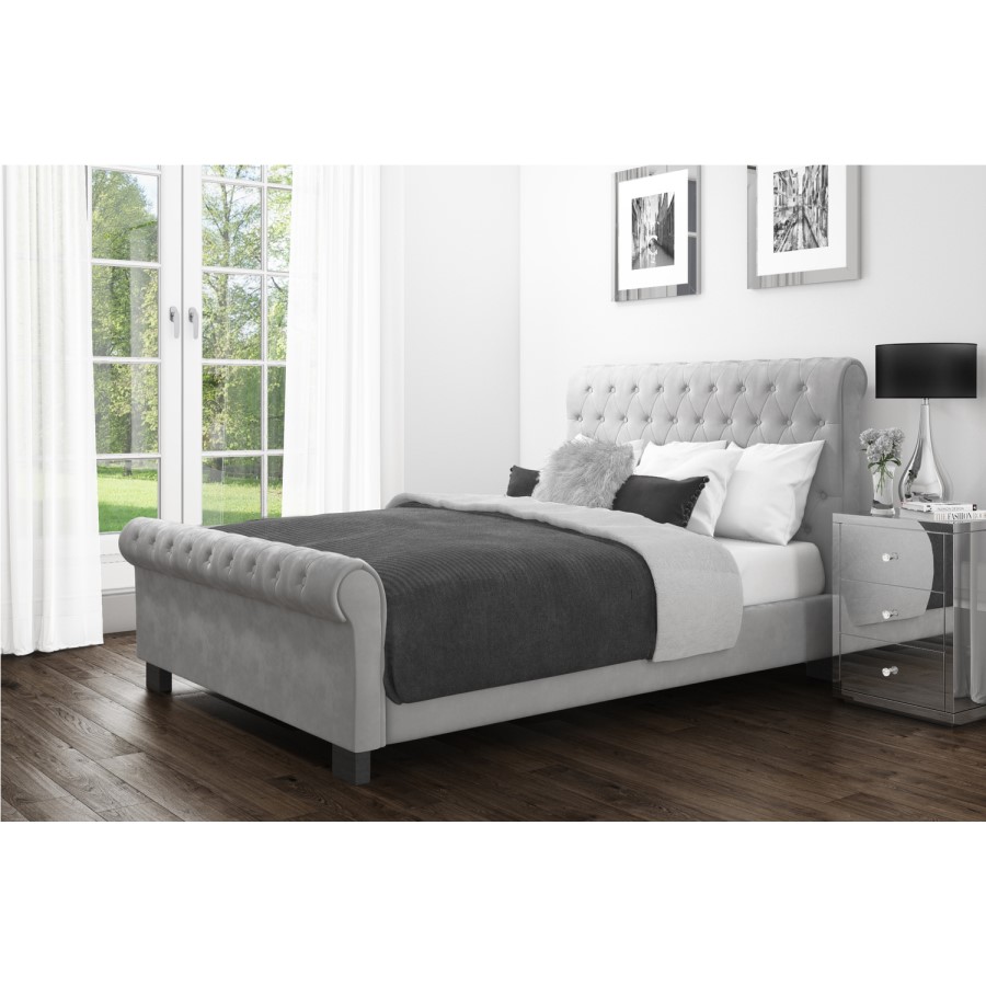 GRADE A2 - Safina Roll Top Double Sleigh Bed in Grey Velvet