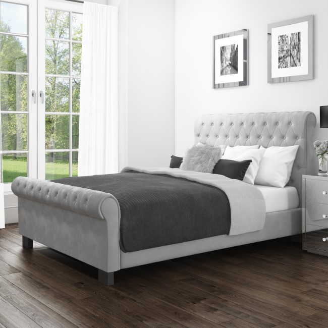 GRADE A2 - Safina Roll Top Double Sleigh Bed in Grey Velvet