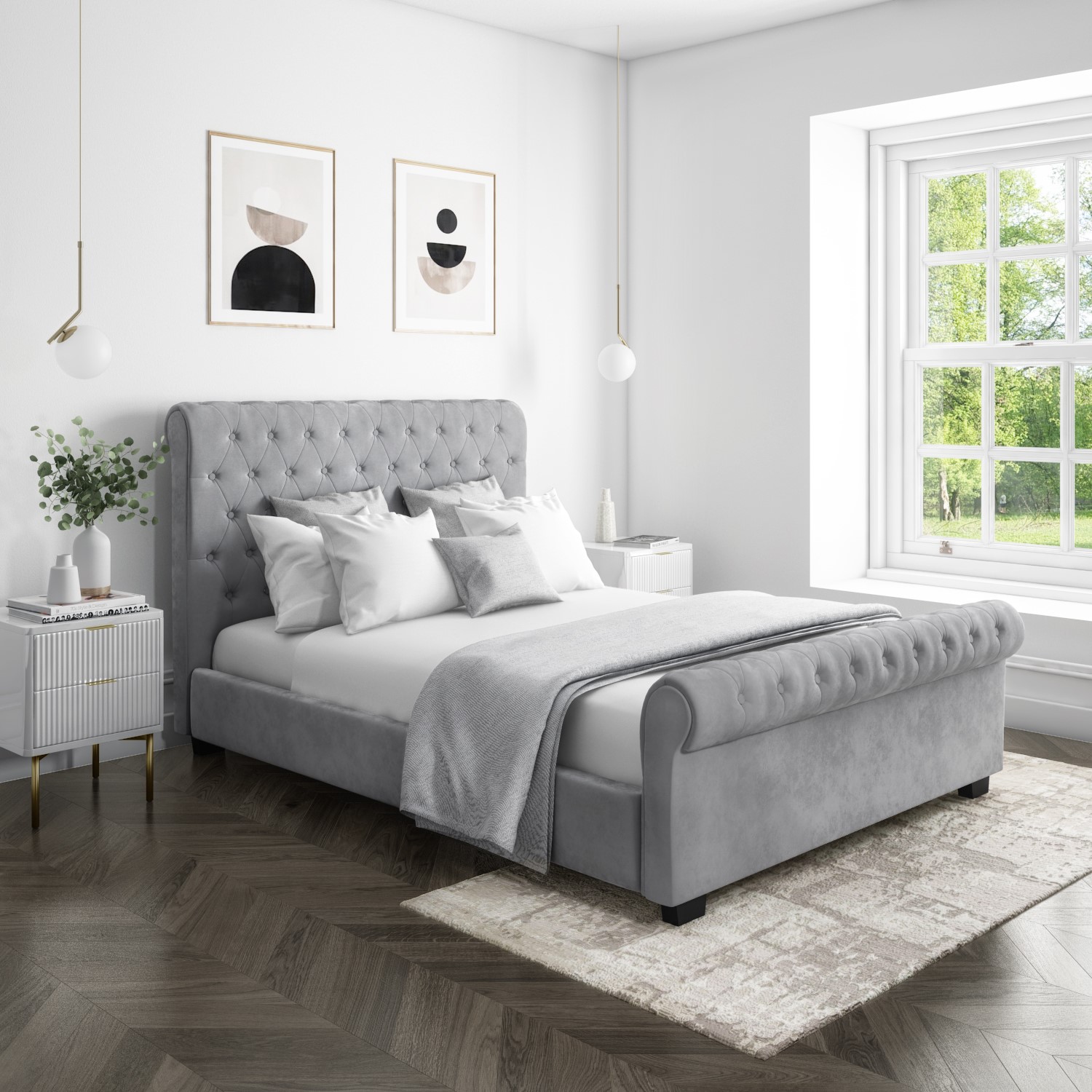 Safina Roll Top Double Sleigh Bed in Grey Velvet