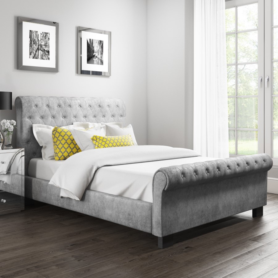 GRADE A2 - Safina Roll Top Double Sleigh Bed in Grey Velvet