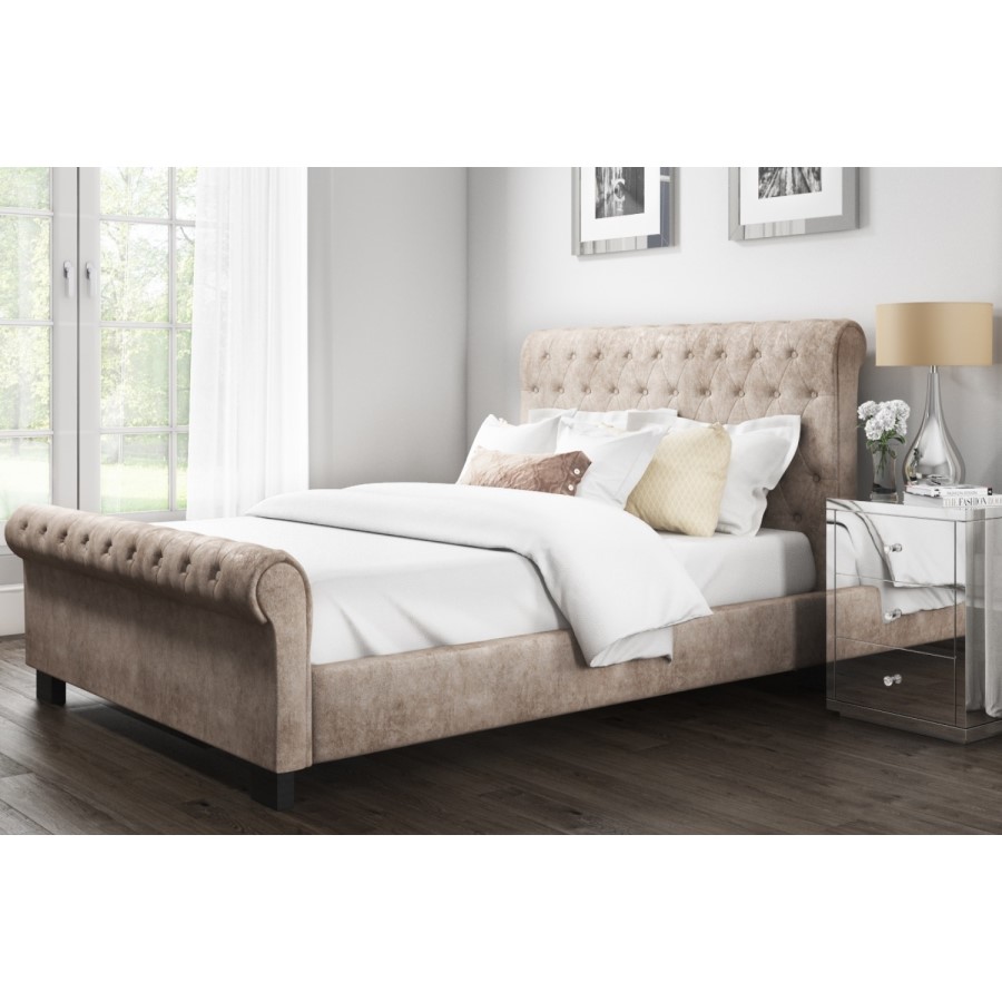 GRADE A1 - Safina Roll Top Double Sleigh Bed in Beige Velvet