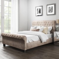GRADE A1 - Safina Roll Top Double Sleigh Bed in Beige Velvet