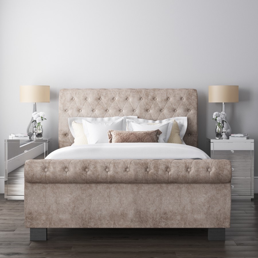 GRADE A1 - Safina Roll Top Double Sleigh Bed in Beige Velvet