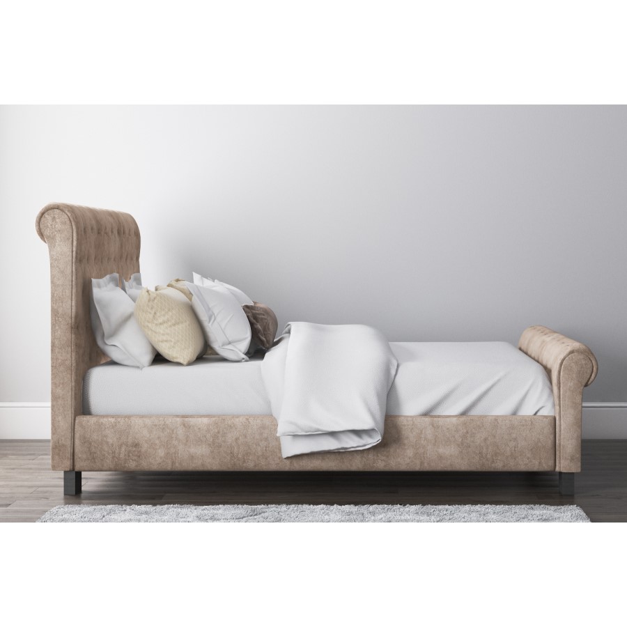 GRADE A1 - Safina Roll Top Double Sleigh Bed in Beige Velvet