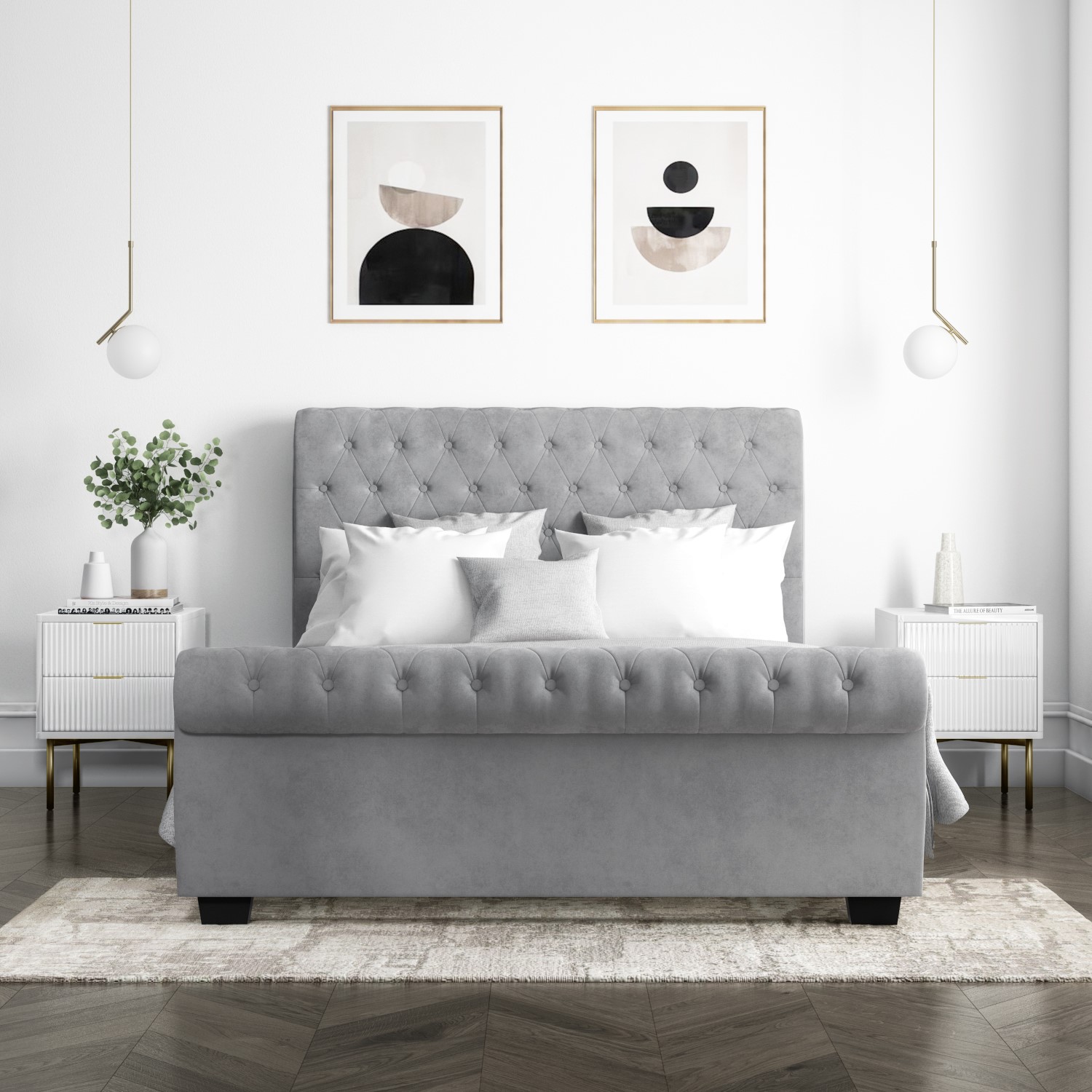 Grey Velvet King Size Chesterfield Sleigh Bed Frame Safina Furniture123