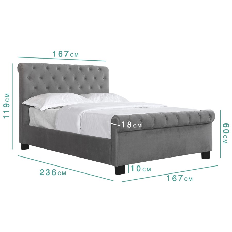 GRADE A1 - Safina Roll Top Kingsize Sleigh Bed in Grey Velvet