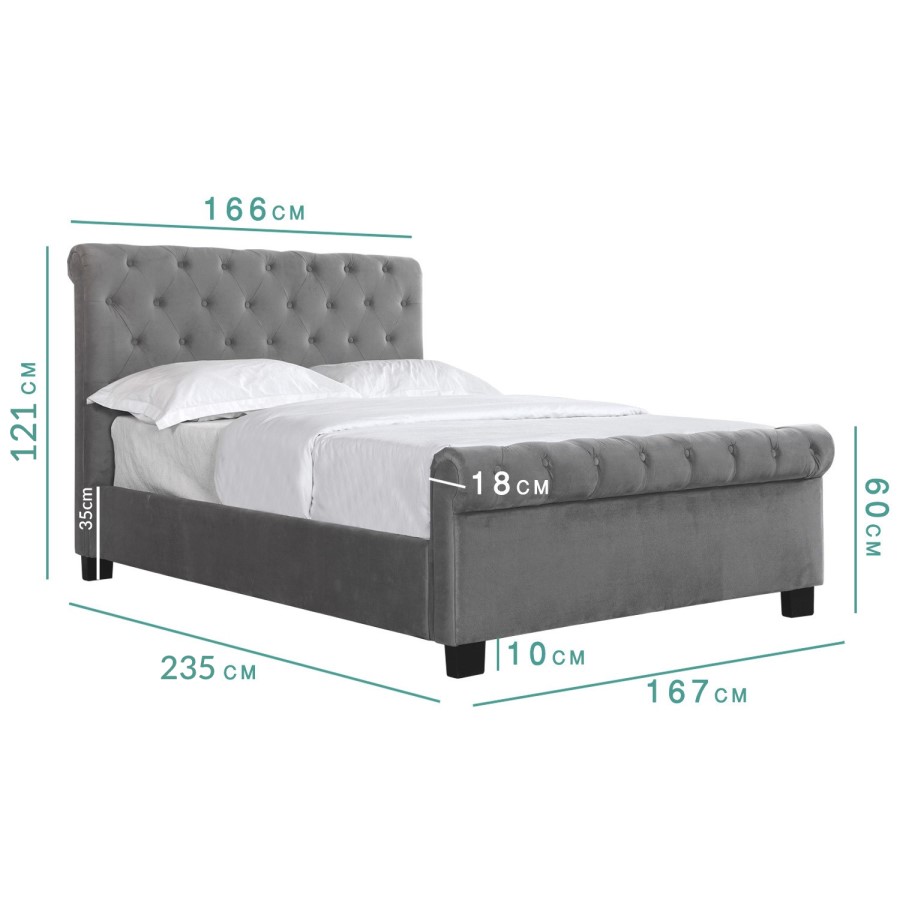 GRADE A2 - Safina Roll Top Kingsize Sleigh Bed in Grey Velvet