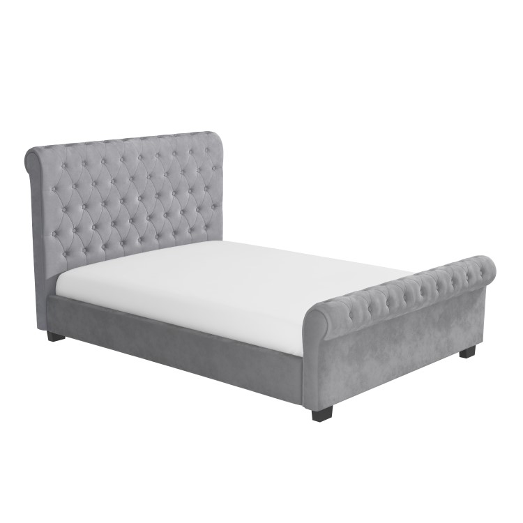 Grey Velvet King Size Chesterfield Sleigh Bed Frame - Safina