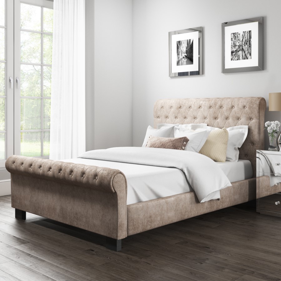 GRADE A2 - Safina Roll Top Kingsize Sleigh Bed Frame in Mink Velour