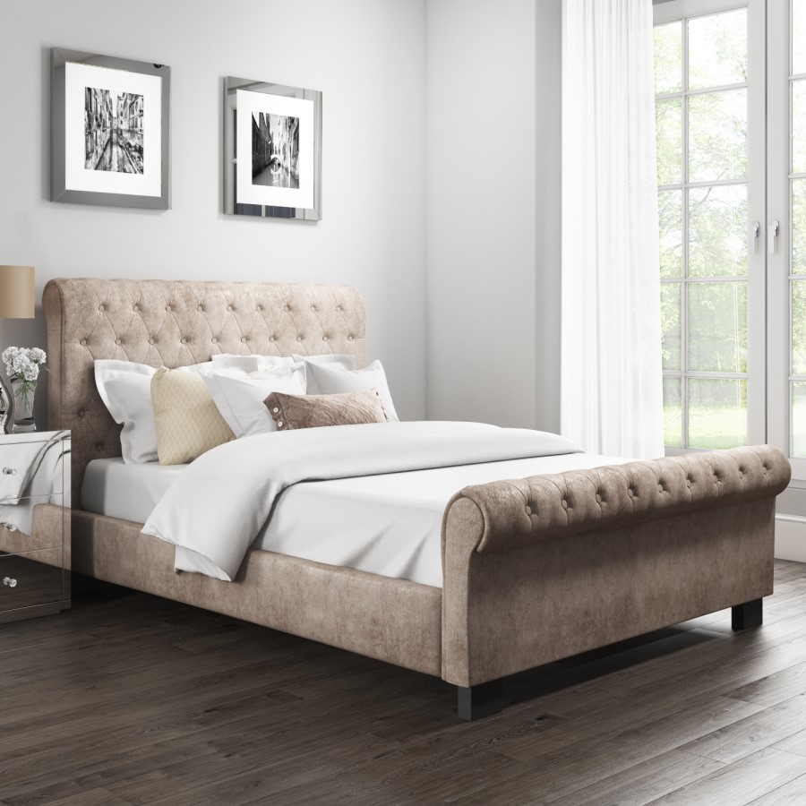 Safina King Size Roll Top Sleigh Bed in Beige Velvet