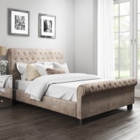 Safina King Size Roll Top Sleigh Bed in Beige Velvet