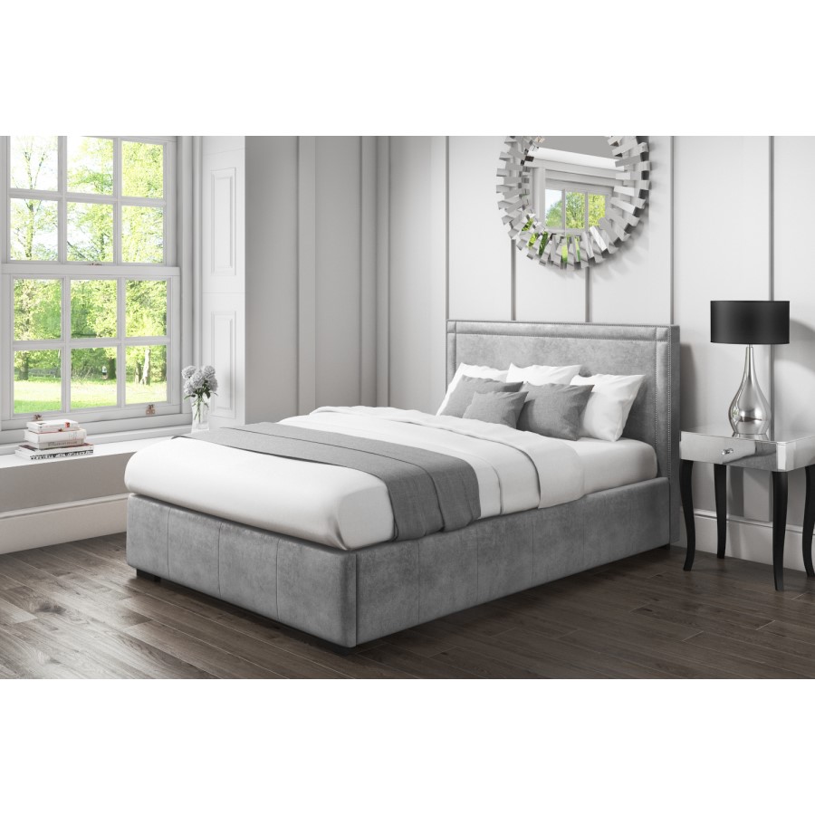 GRADE A1 - Safina Double Ottoman Bed with Stud Detailing in Grey Velvet