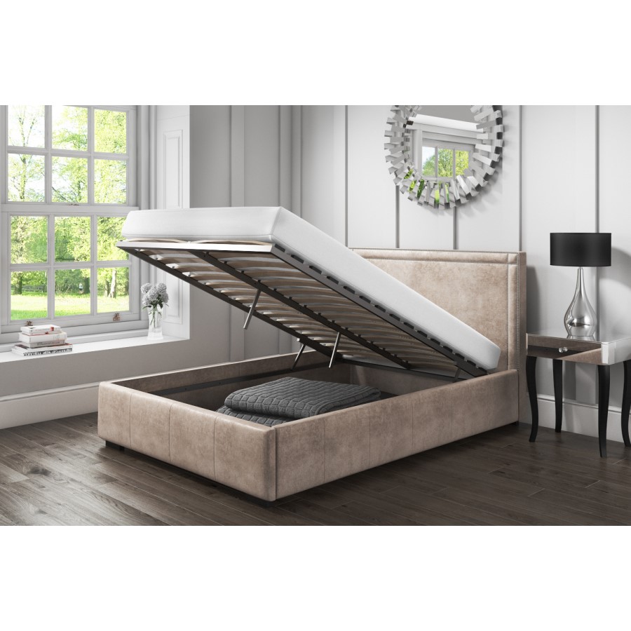 Safina Double Ottoman Bed with Stud Detailing in Beige Velvet