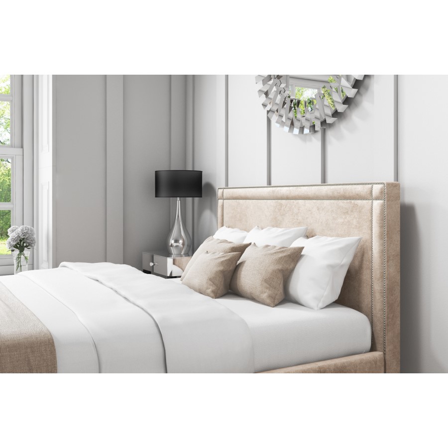 Safina Double Ottoman Bed with Stud Detailing in Beige Velvet