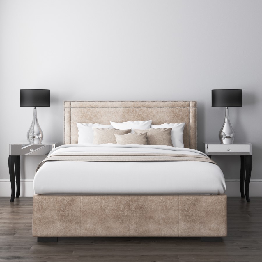Safina Double Ottoman Bed with Stud Detailing in Beige Velvet