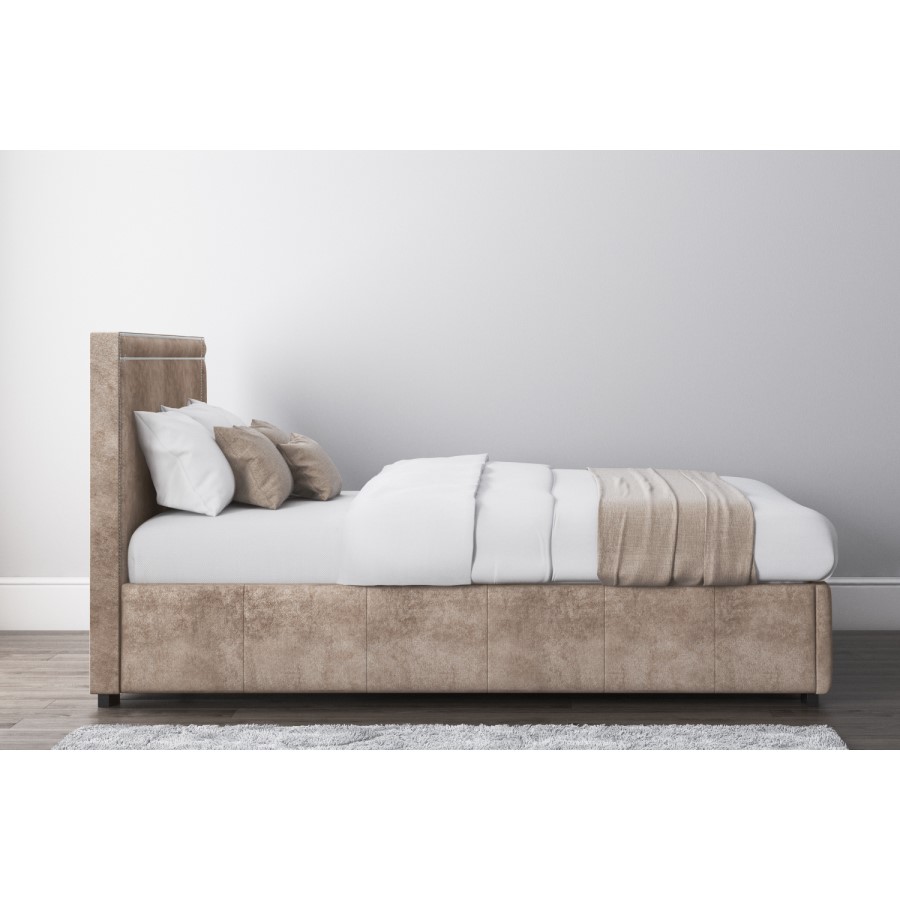 Safina Double Ottoman Bed with Stud Detailing in Beige Velvet