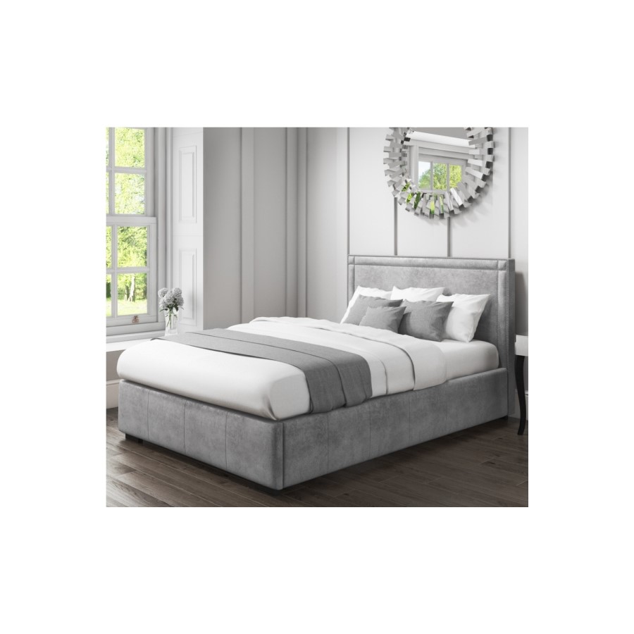 GRADE A1 - Safina King Size Ottoman Bed with Stud Detailing in Grey Velvet