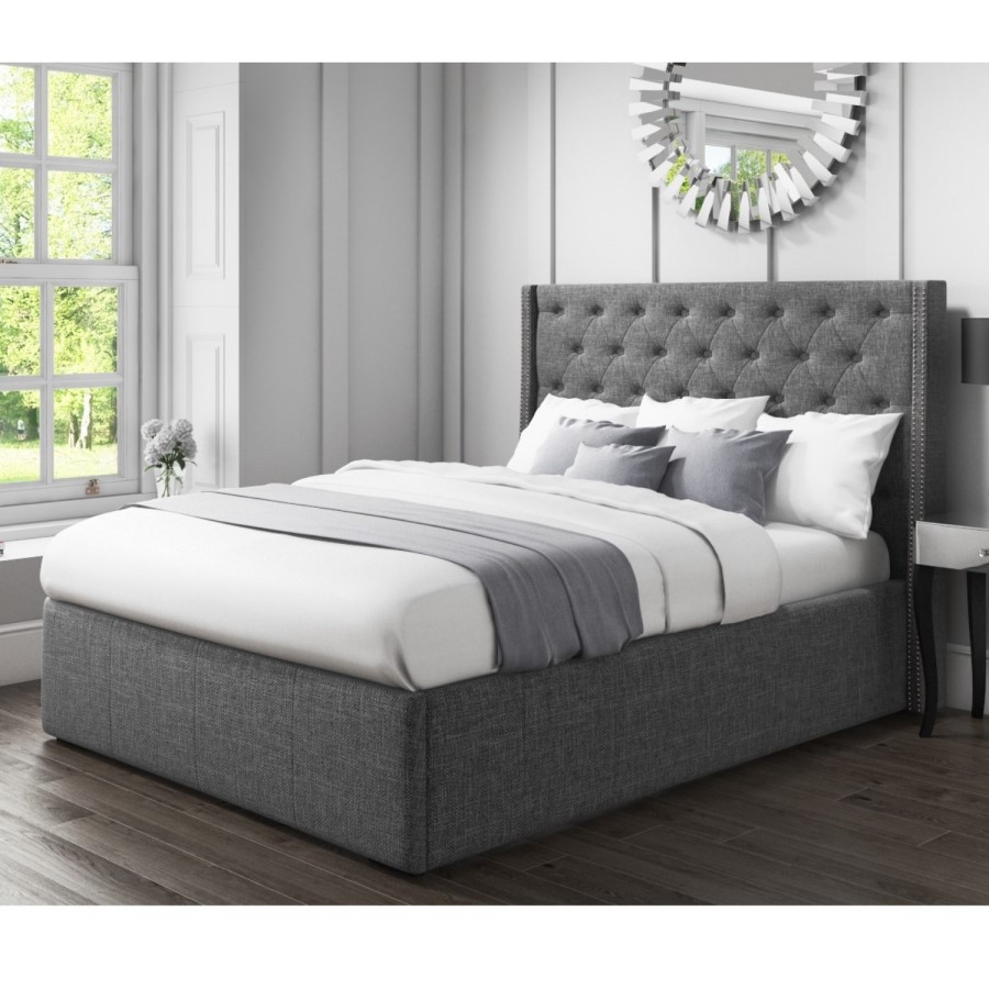 GRADE A1 - Safina Double Wing Back Ottoman Bed with Stud Detail in Woven Charcoal Grey