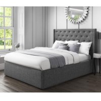GRADE A1 - Safina Double Wing Back Ottoman Bed with Stud Detail in Woven Charcoal Grey