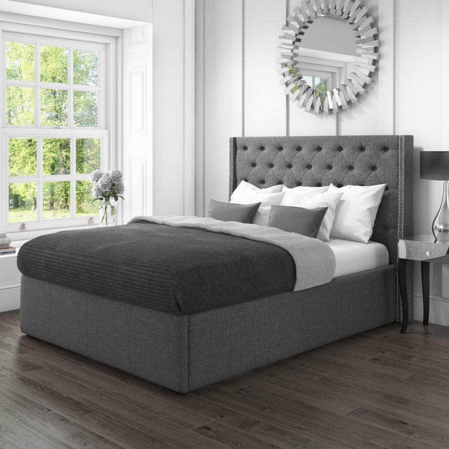 Safina Double Wing Back Ottoman Bed with Stud Detail in Woven Charcoal Grey