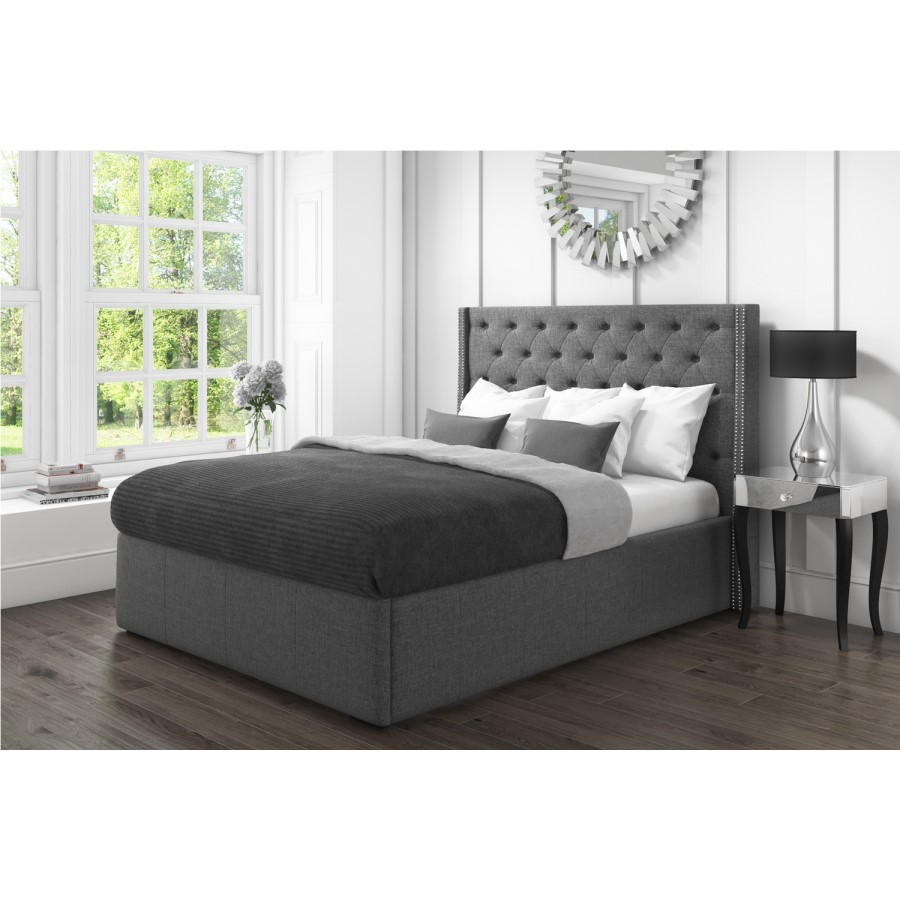 Safina Double Wing Back Ottoman Bed with Stud Detail in Woven Charcoal Grey