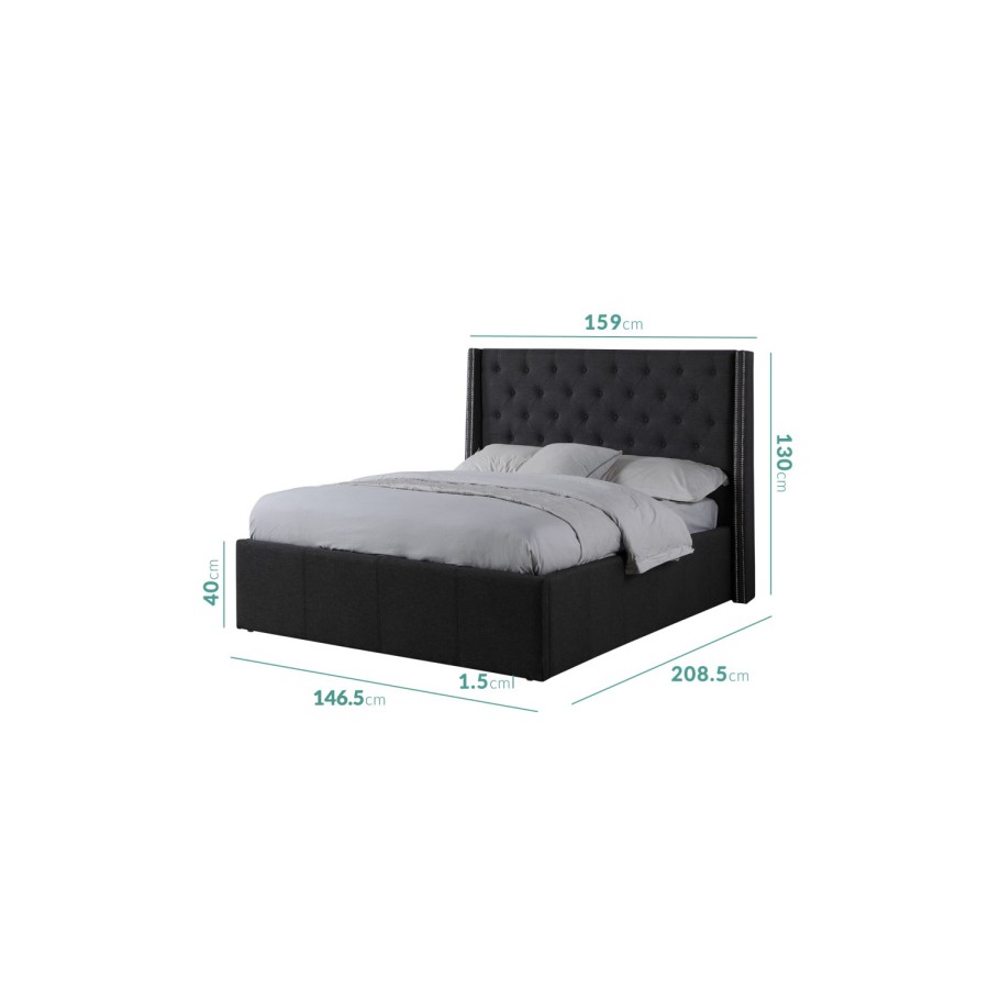 Safina Double Wing Back Ottoman Bed with Stud Detail in Woven Charcoal Grey