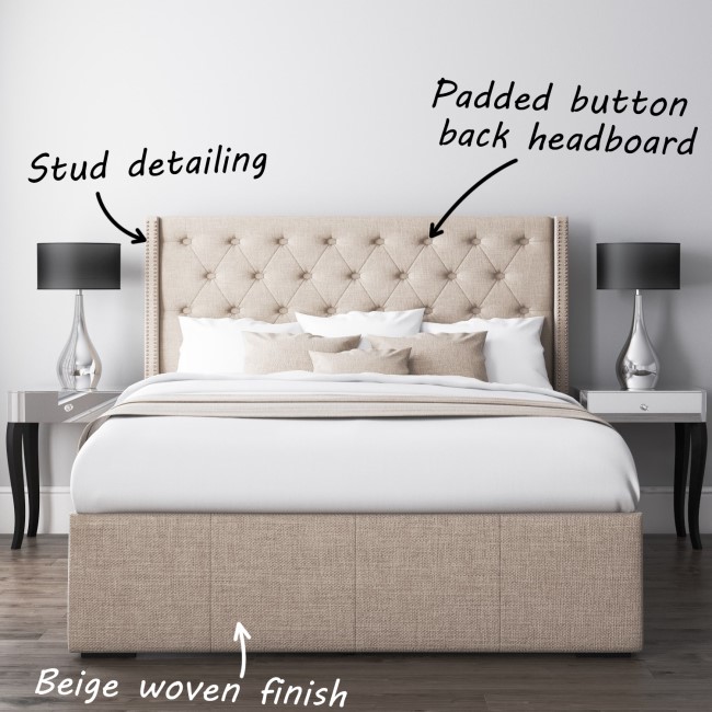 Safina Wing Back Double Ottoman Bed with Stud Detailing in Woven Beige 