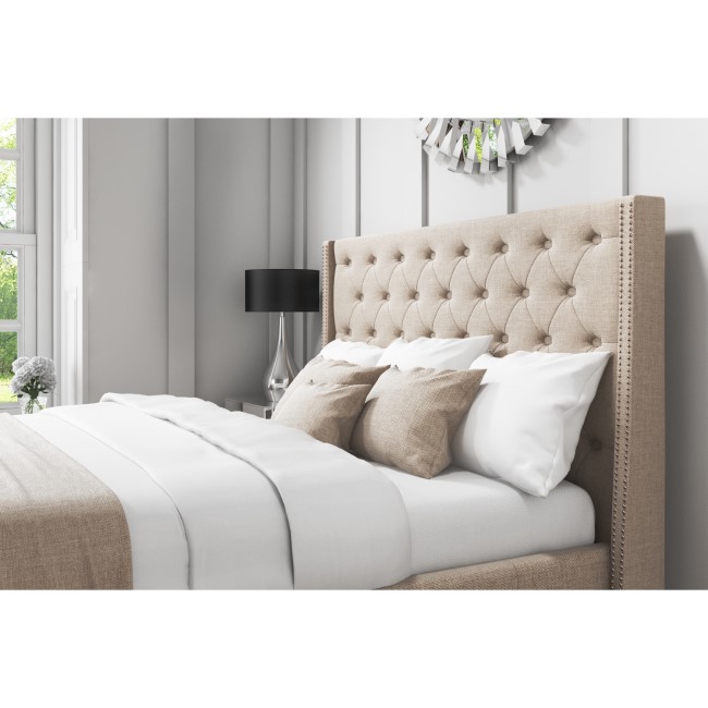 Safina Wing Back Double Ottoman Bed with Stud Detailing in Woven Beige 