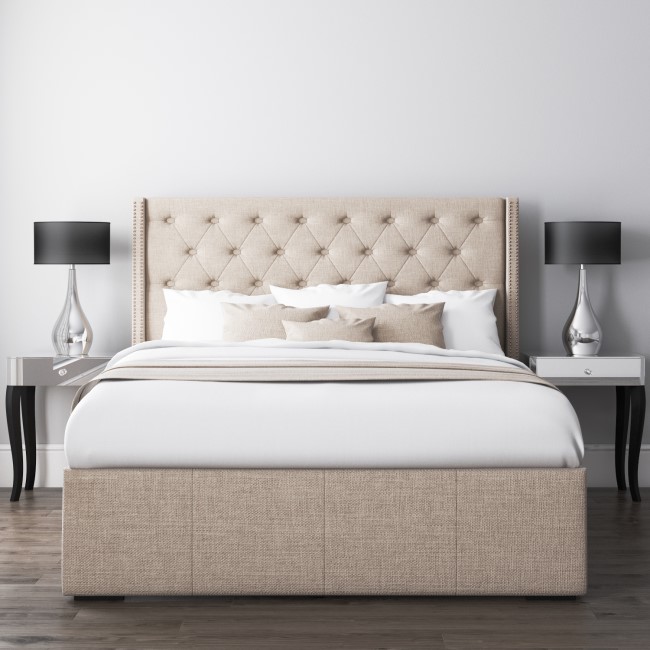 Safina Wing Back Double Ottoman Bed with Stud Detailing in Woven Beige 