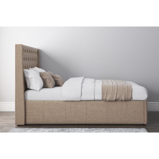 Safina Wing Back Double Ottoman Bed with Stud Detailing in Woven Beige 