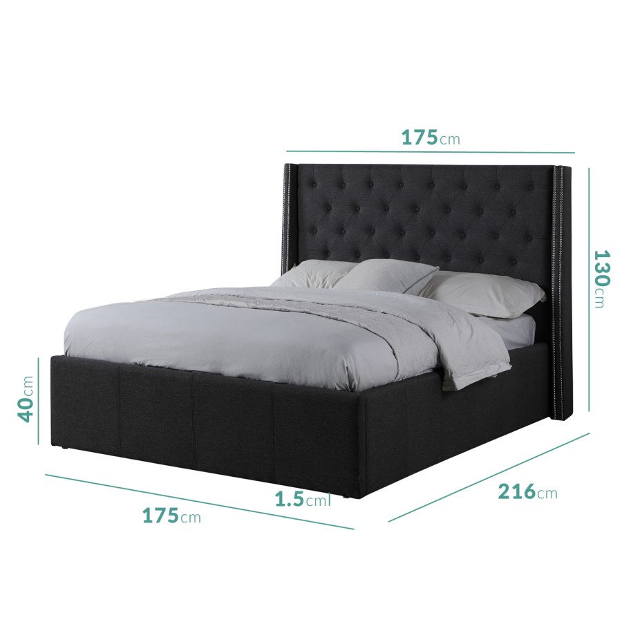 GRADE A1 - Safina Kingsize Wing Back Ottoman Bed with Stud Detailing in Woven Charcoal Grey