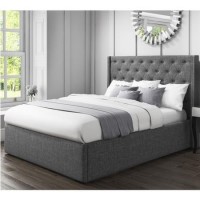 GRADE A1 - Safina Kingsize Wing Back Ottoman Bed with Stud Detailing in Woven Charcoal Grey