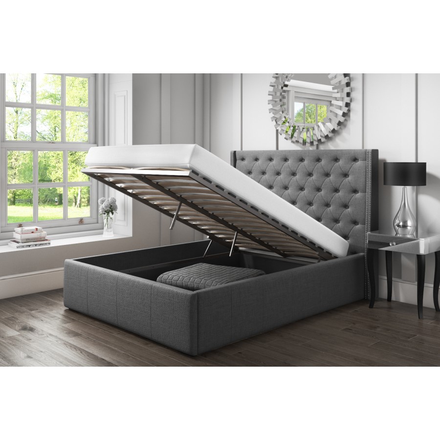 GRADE A1 - Safina Kingsize Wing Back Ottoman Bed with Stud Detailing in Woven Charcoal Grey