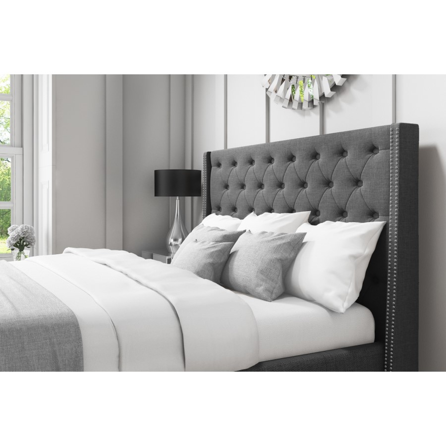GRADE A1 - Safina Kingsize Wing Back Ottoman Bed with Stud Detailing in Woven Charcoal Grey