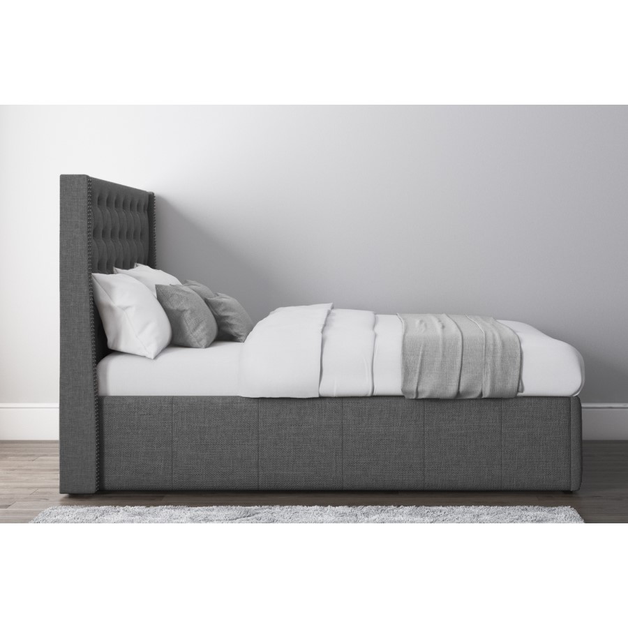GRADE A1 - Safina Kingsize Wing Back Ottoman Bed with Stud Detailing in Woven Charcoal Grey