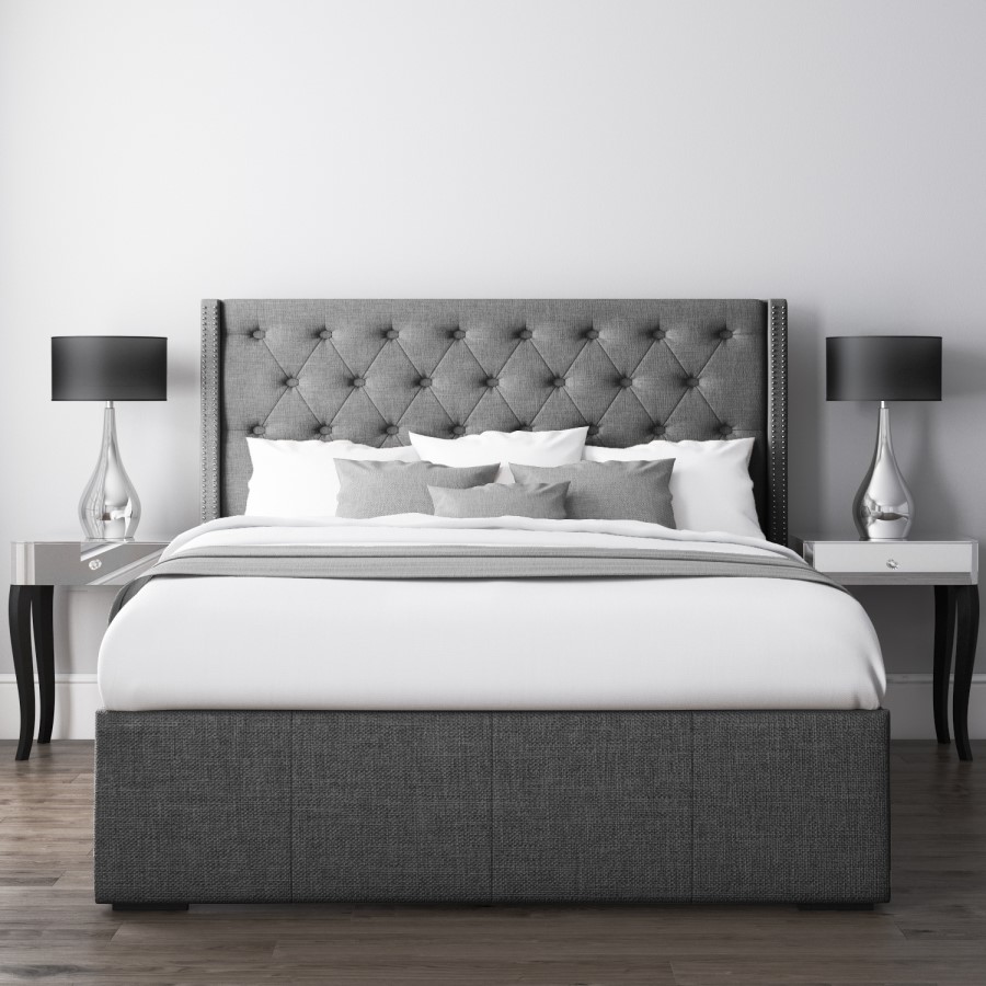 GRADE A1 - Safina Kingsize Wing Back Ottoman Bed with Stud Detailing in Woven Charcoal Grey