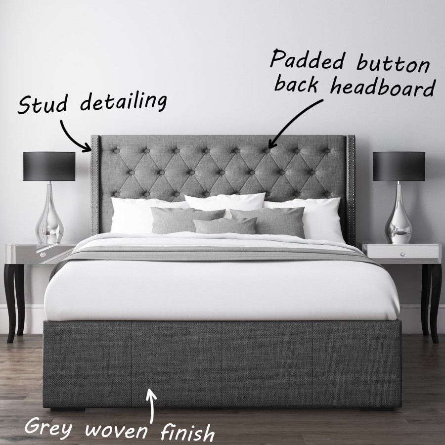 GRADE A1 - Safina Kingsize Wing Back Ottoman Bed with Stud Detailing in Woven Charcoal Grey