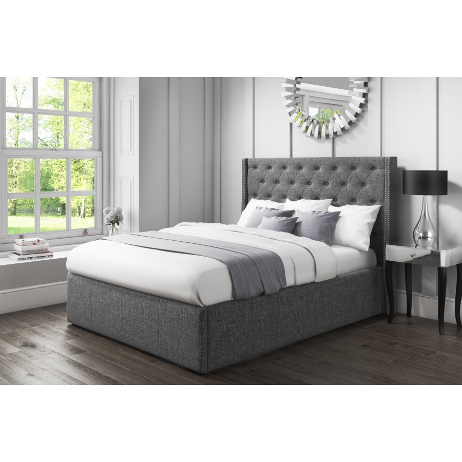 GRADE A1 - Safina Kingsize Wing Back Ottoman Bed with Stud Detailing in Woven Charcoal Grey