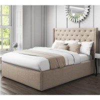 GRADE A2 - Safina King Size Wing Back Ottoman Bed with Stud Detailing in Woven Beige  