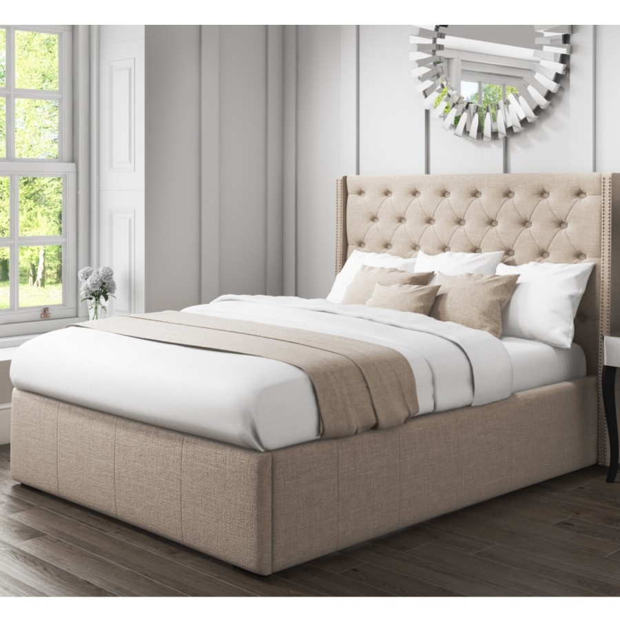 Safina King Size Wing Back Ottoman Bed with Stud Detailing in Woven Beige  