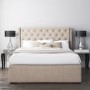 Safina King Size Wing Back Ottoman Bed with Stud Detailing in Woven Beige