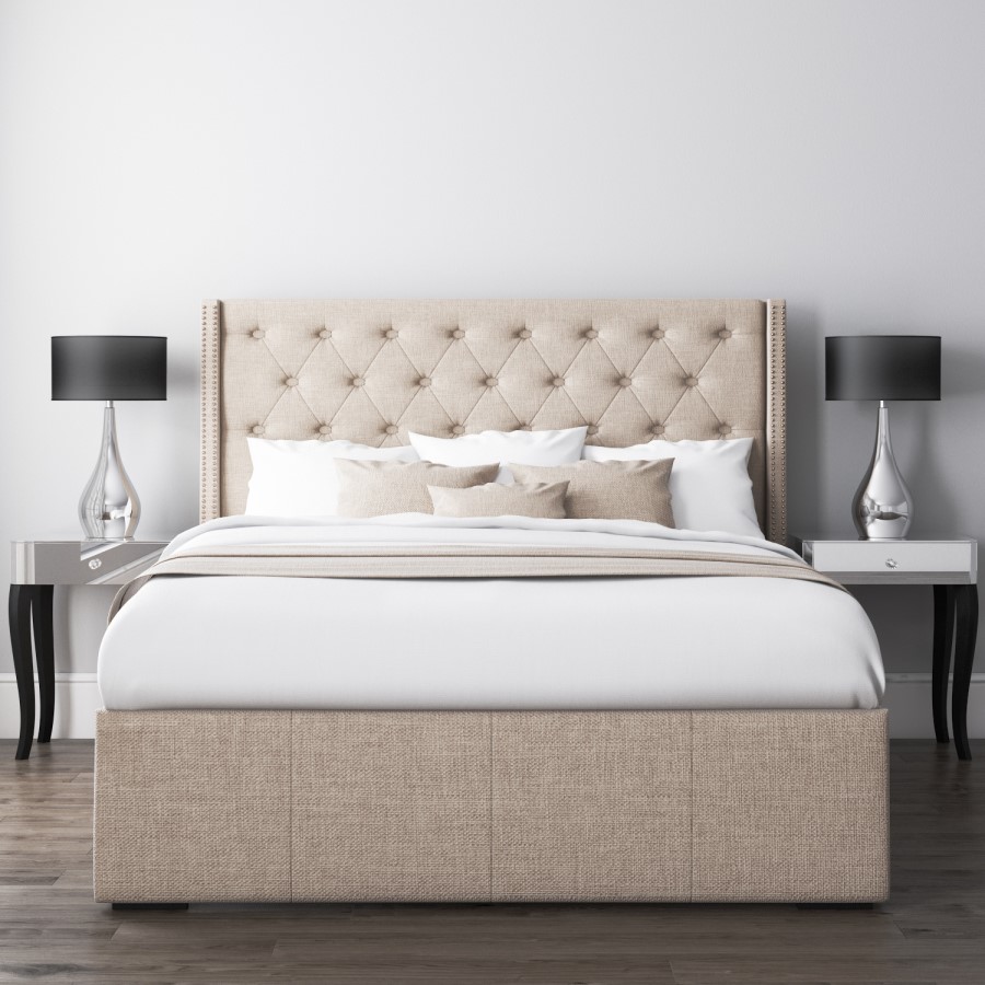 GRADE A2 - Safina King Size Wing Back Ottoman Bed with Stud Detailing in Woven Beige  