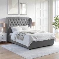 Grey Velvet Double Ottoman Bed with Winged Headboard - Safina