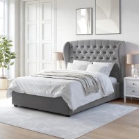 ONLY OPENED - Grey Velvet Double Ottoman Bed with Winged Headboard - Safina