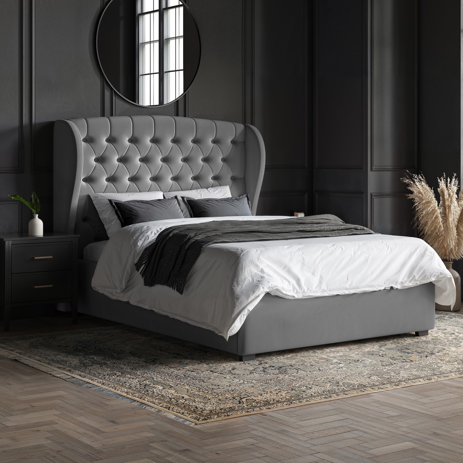 Velvet Double Ottoman Bed Winged Headboard
