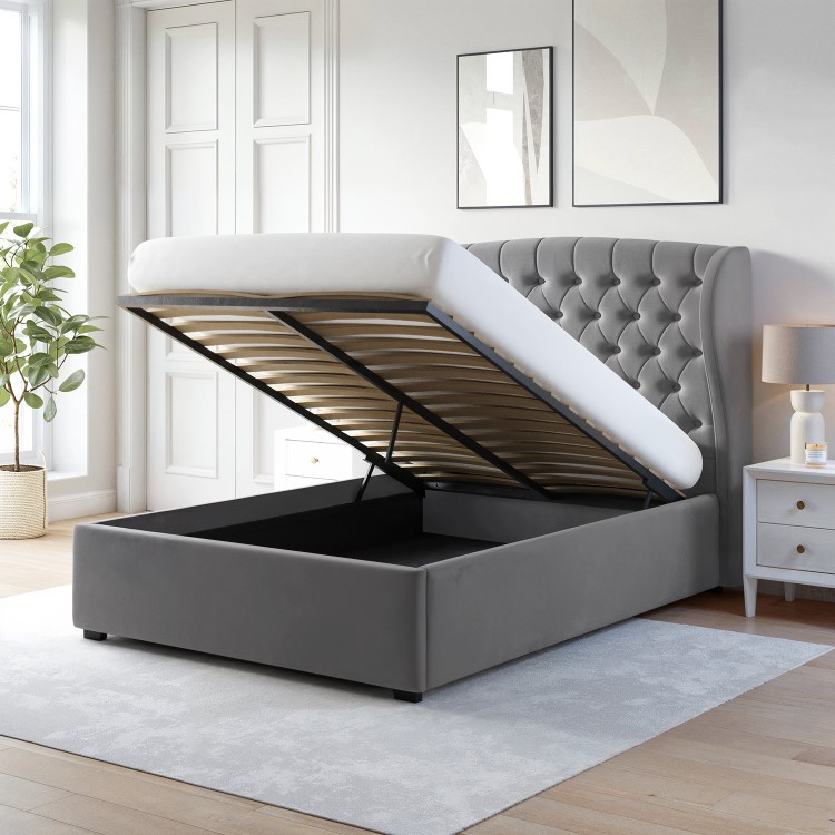 Grey Velvet Double Ottoman Bed with Winged Headboard - Safina