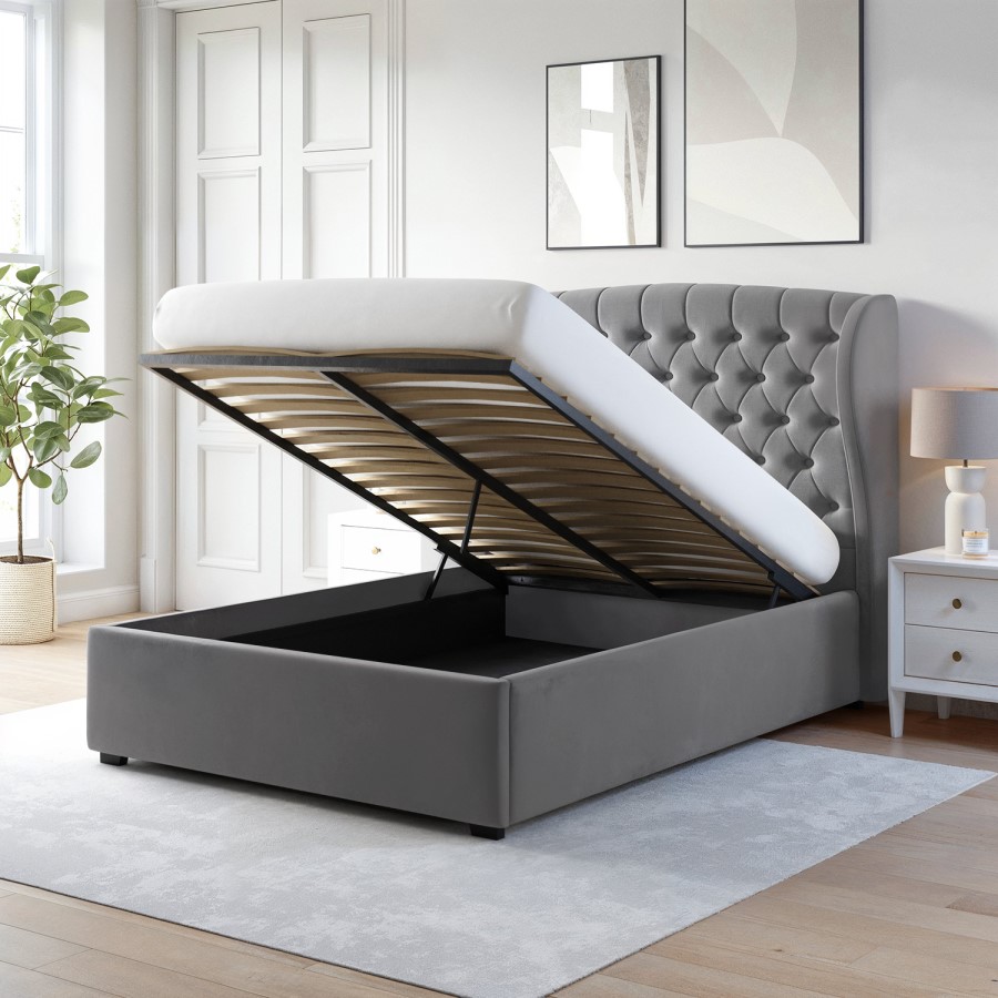 ONLY OPENED - Grey Velvet Double Ottoman Bed with Winged Headboard - Safina