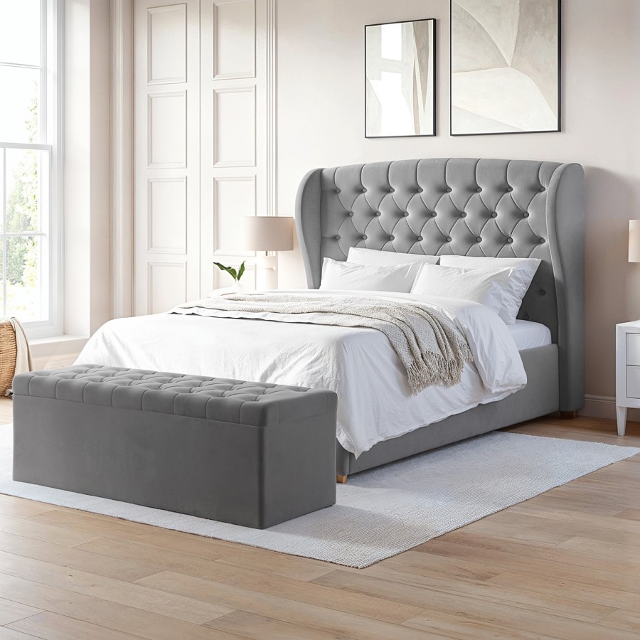 ONLY OPENED - Grey Velvet Double Ottoman Bed with Winged Headboard - Safina