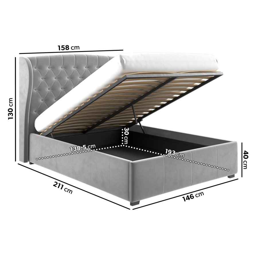 ONLY OPENED - Safina Wing Back Double Ottoman Bed in Grey Velvet
